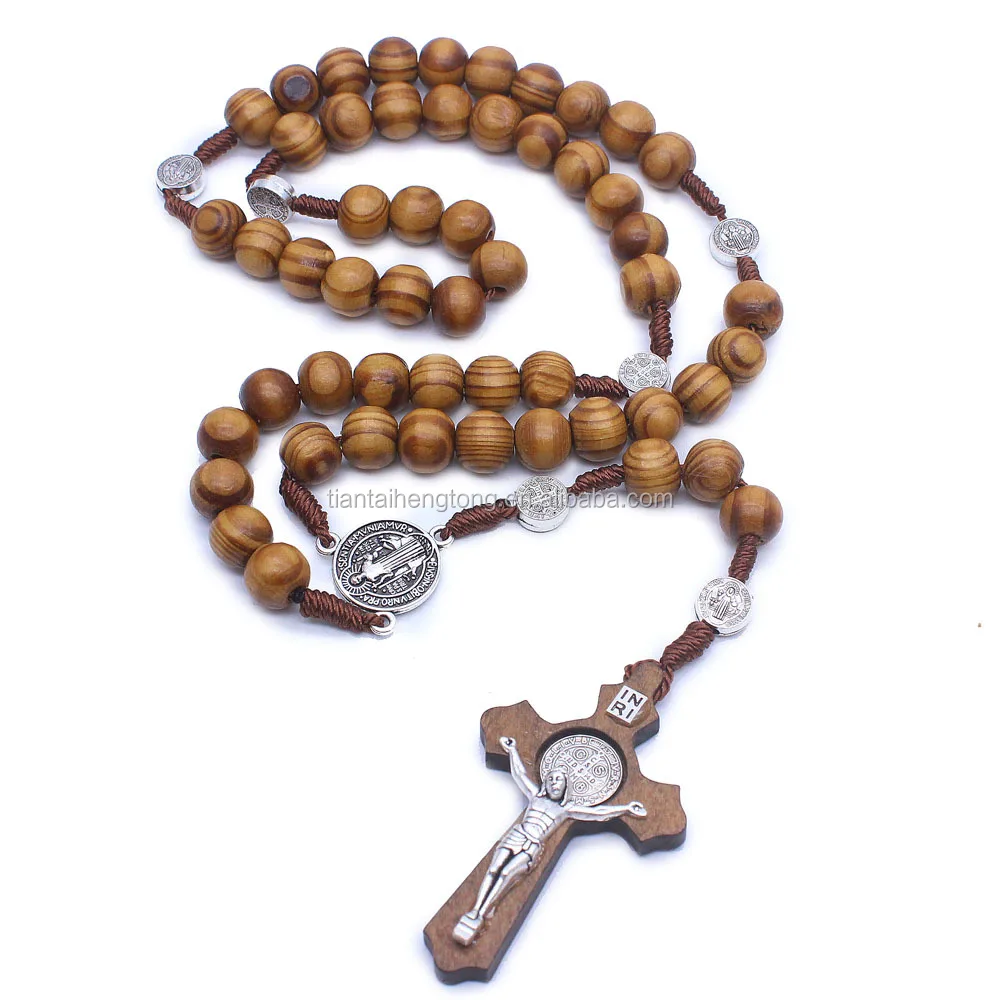 Catholic Pine Wood Rosary Necklace With Handmade Cross And Benedict ...