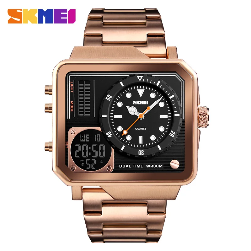 

Skmei 1392 Luxury Watches Military Big Square Dual Time Chrono Clock Stainless Steel Waterproof Sports Men Digital Quartz Watch