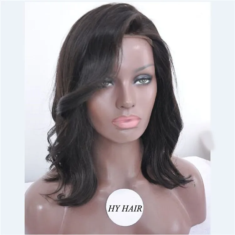 

Free Shipping Left Side Part Glueless Brazilian Virgin Human Hair Full Lace Wig Short Wavy Bob Wigs for African Americans