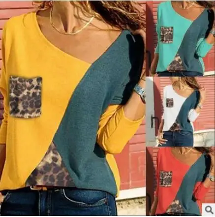 

S-XXL New hot sale stitching contrast pockets Long sleeve casual T-shirt ladies tops, As show