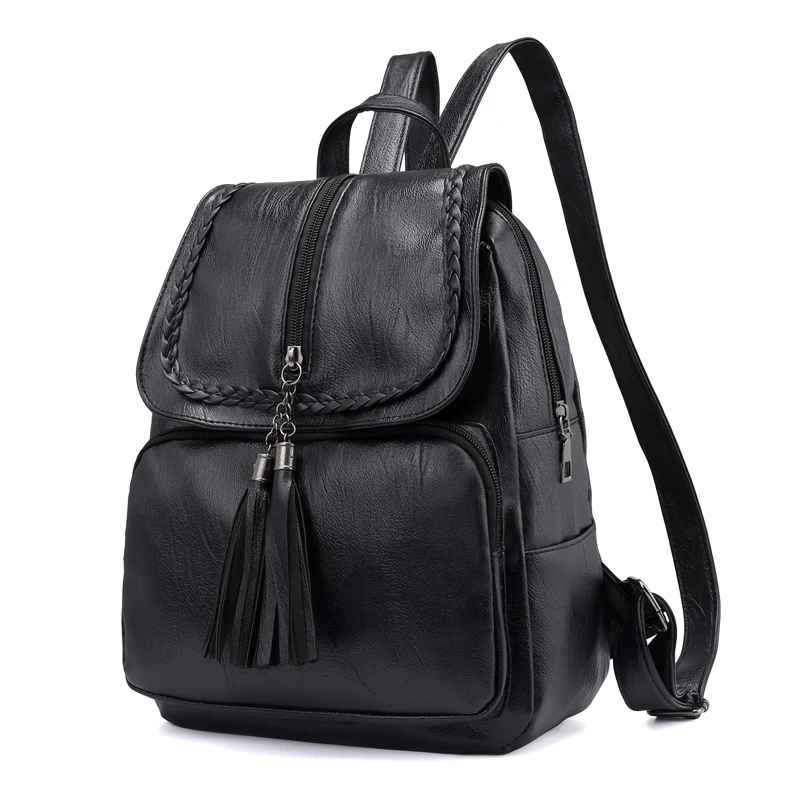 

Wholesale Fashion School College Bookbag Rucksack pu leather backpack bag for women, Black
