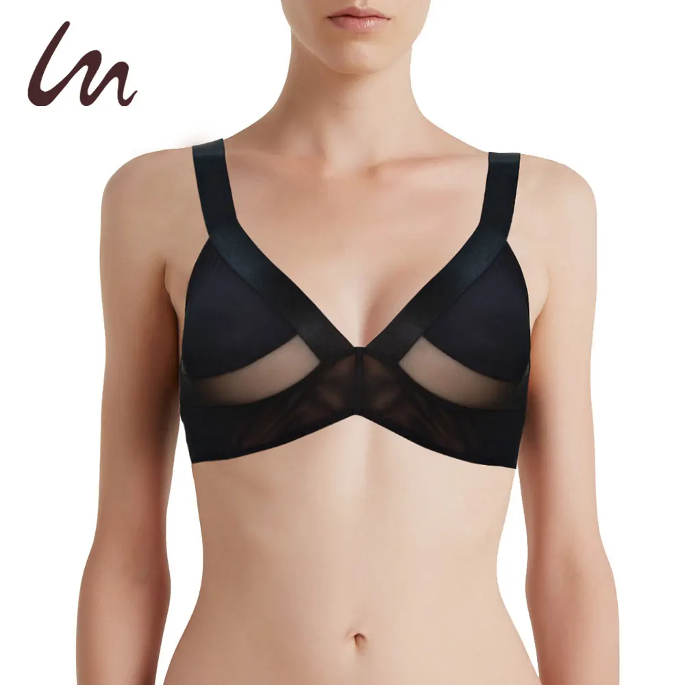 

ODM OEM Microfiber Comfort Women Bra Sexy Sheer Bra Mesh Wire Free Bra, Black, custom color