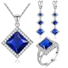 Small Square Crystal Cubic Zirconia Hoop Earring Pendant Necklace Ring 925 Stamp Silver Color Jewelry Sets