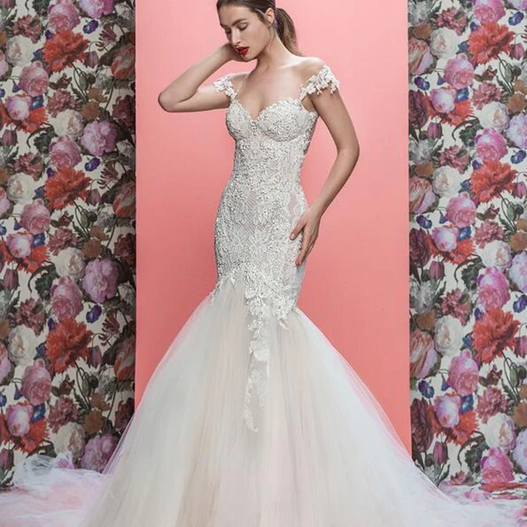 

Cap Sleeves Bridal Gowns Mermaid Lace Tulle Wedding Dress LB1910