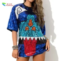 

YIZHIQIU Custom short sleeve Sequin Sexy Long T Shirt Dress Woman