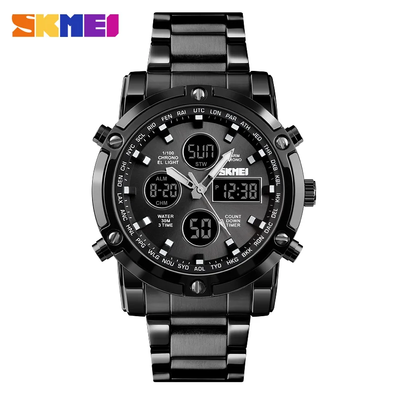 

SKMEI 1389 Men Quartz+Digital Stainless Steel Watch Week Date Alarm Luminous Countdown