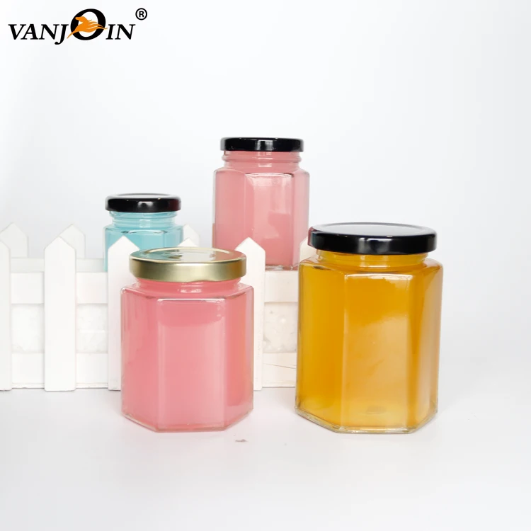 

Food grade hexagonal honey glass jar jam jar with screw metal lid, Clear honey jars