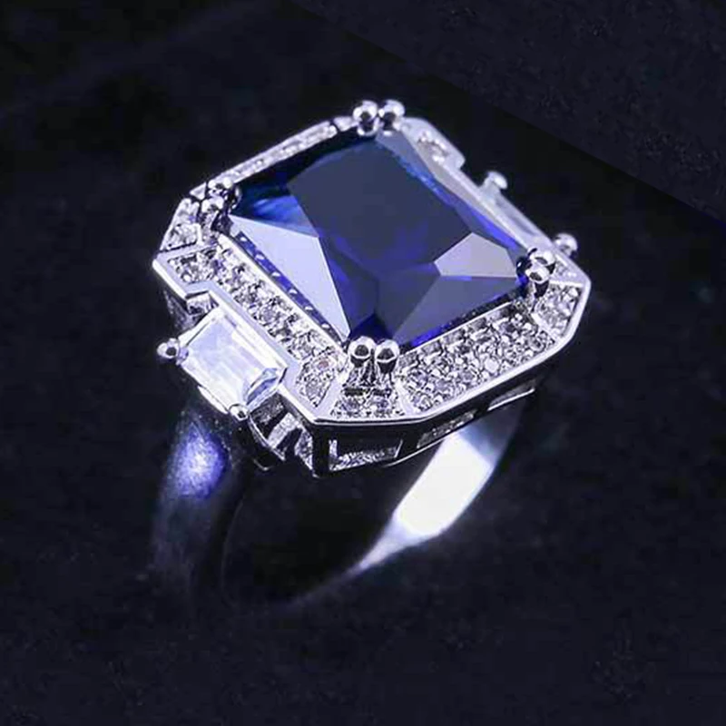 

White Gold Plated Clear 3A CZ Cubic Zirconia Party Ring Prong Setting Round Cut Blue Sapphire Engagement Ring