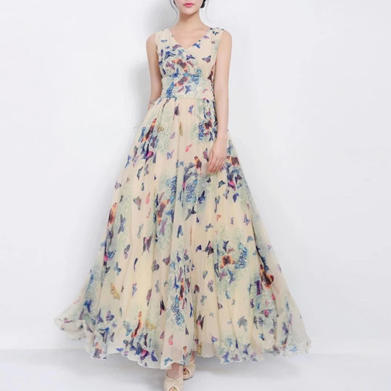 

2017 Women Butterfly Printed Sleeveless Prom Dress Maxi Dress Blue Long Evening Dress, Blue pink color