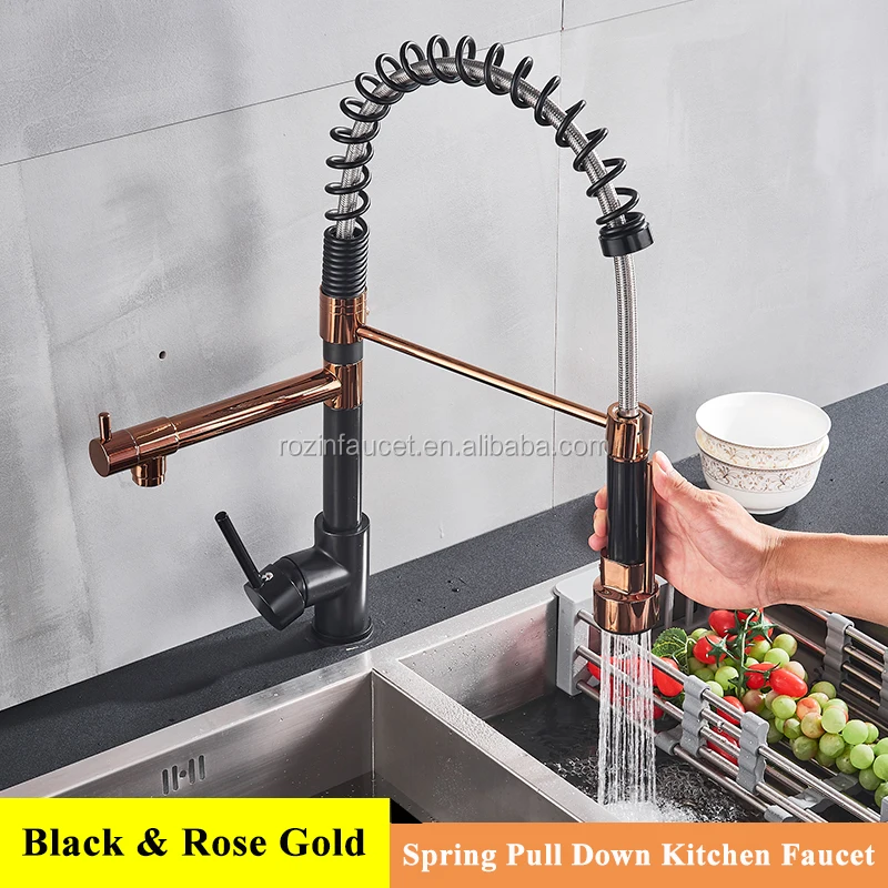 Rose Golden Pull Down Spray Kitchen Sink Faucet Swivel 1 Hole Commercial Taps 