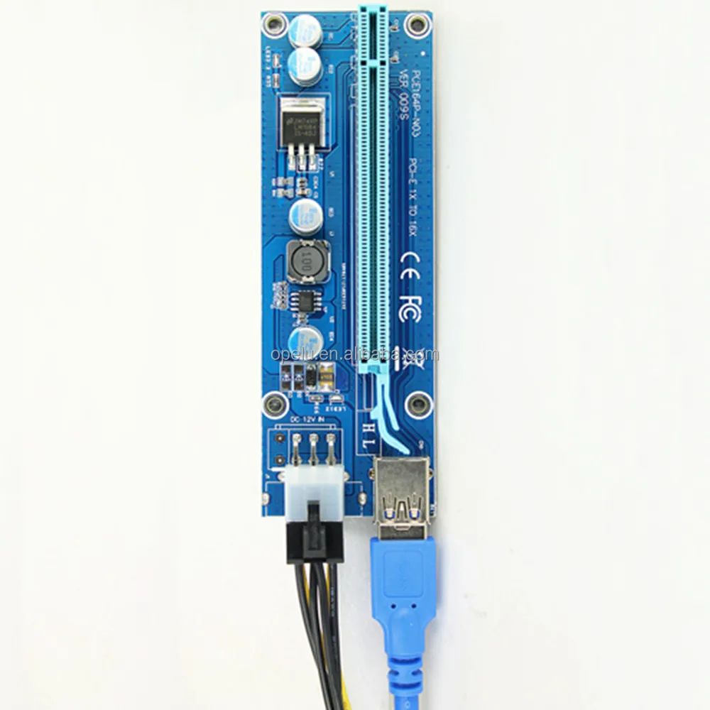 

009S Risers PCIe PCI-E PCI Express Riser Card x1 x16 USB 3.0 Data Cable 6 Pin SATA Power Supply for BTC Miner with 2 LEDs, Blue