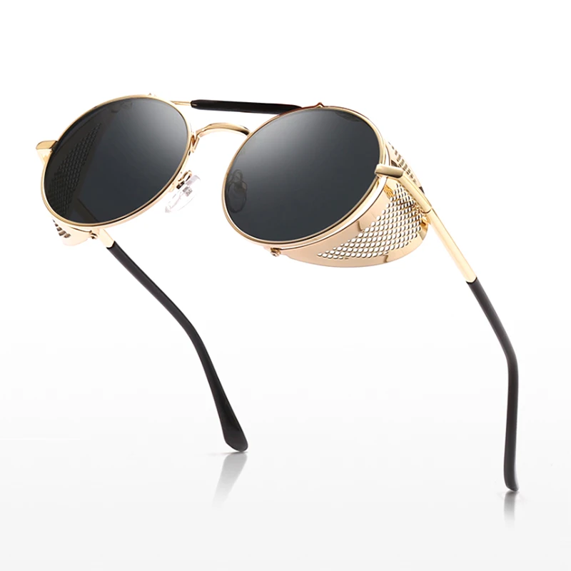

Vintage Brand Designer Round Sunglasses Side Shield Retro Steampunk Sunglasses for Men and Women