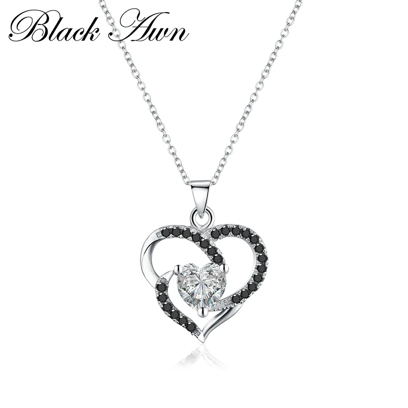 

[BLACK AWN] 3.4g Genuine 925 Sterling Silver Jewelry Timeline Necklace for Women Black Stone Heart Necklaces Pendants P174