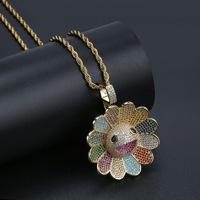 

Murakami Sunflower Pendant Iced Out Micro Zircon Hiphop Colorful Flower Rotating Hip Hop Pendant Necklace (KHP015), As picture