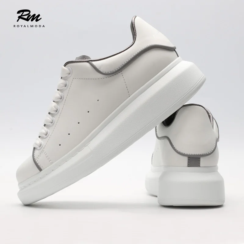 

2018 top brands highest version white shoes Iridescent-trimmed leather exaggerated-sole sneakers
