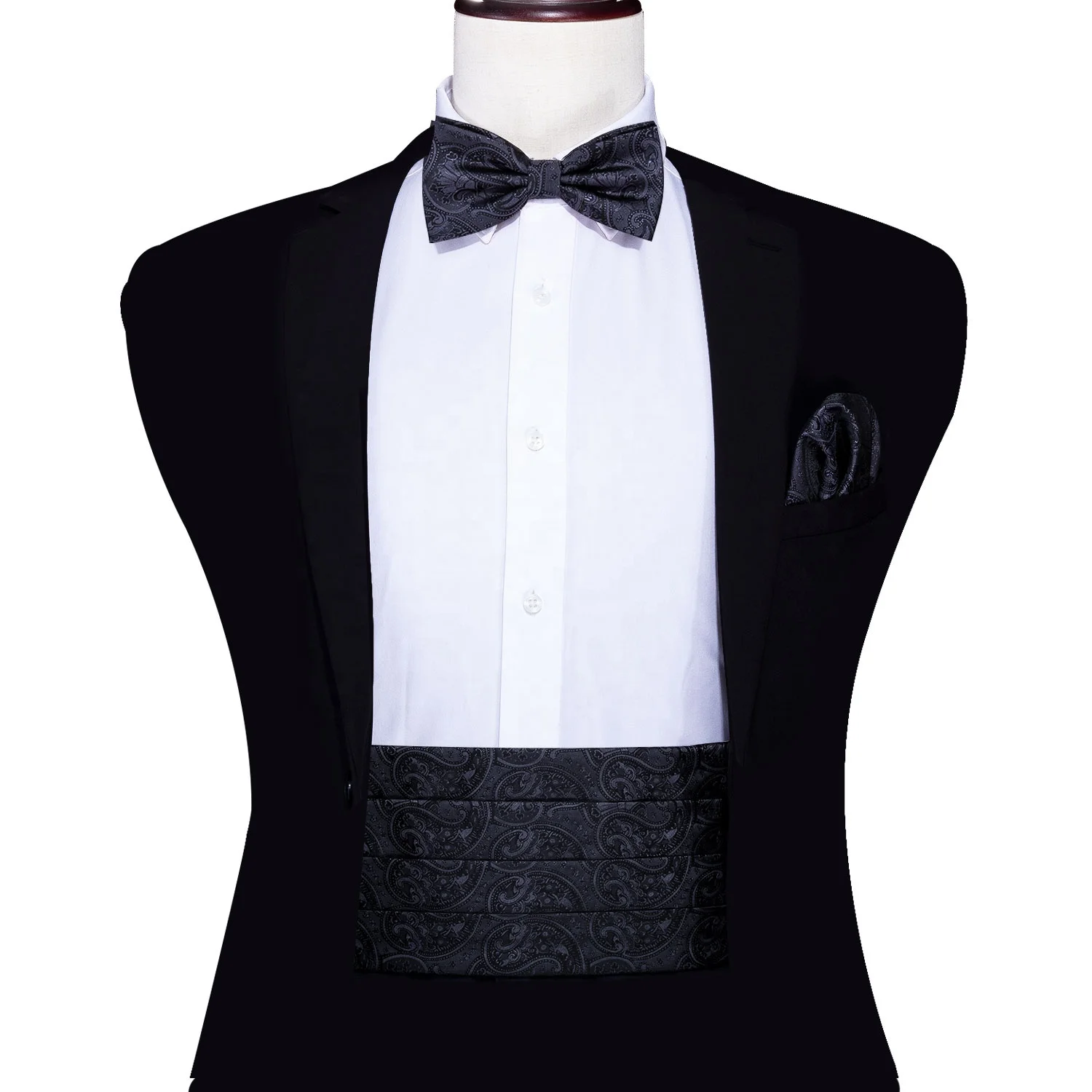 

Wholesale Fashionable Design Jacquard Black Paisley Bow Tie Set Custom Cummerbund for Men