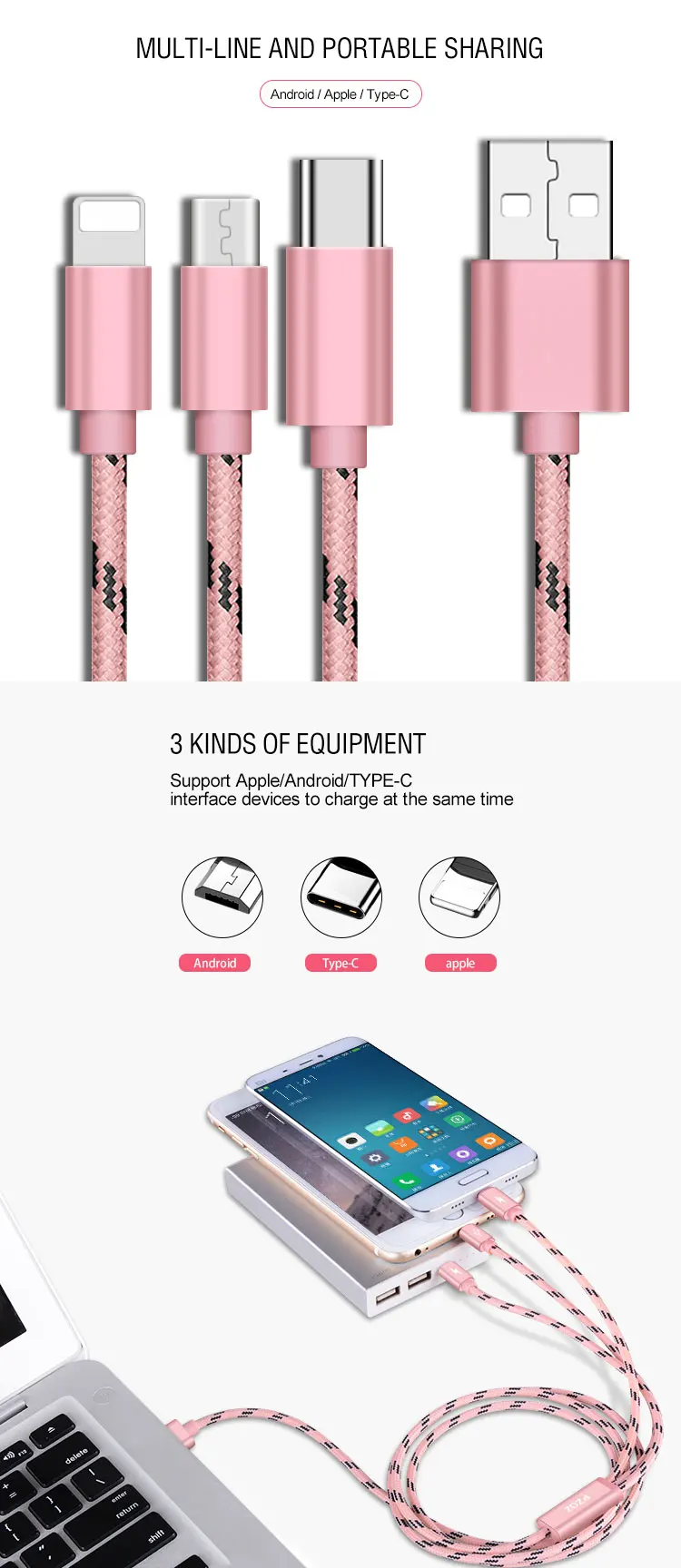 Nylon Braided Type c Micro Lighting 3 in 1 2.4A Fast Charging USB Charging Cable USB Cables for Phones 3 in 1 - ANKUX.COM