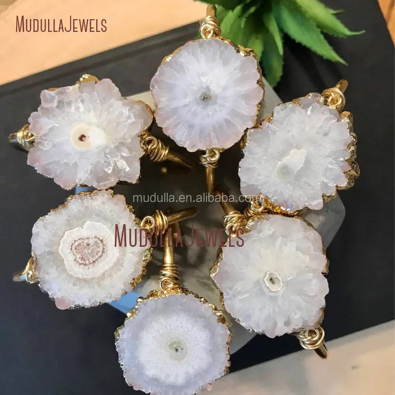 

BM11246 Hotsale White Solar Stalactite Druzy Quartz Slice Charm Gold Cuff Bangle Bracelet Women
