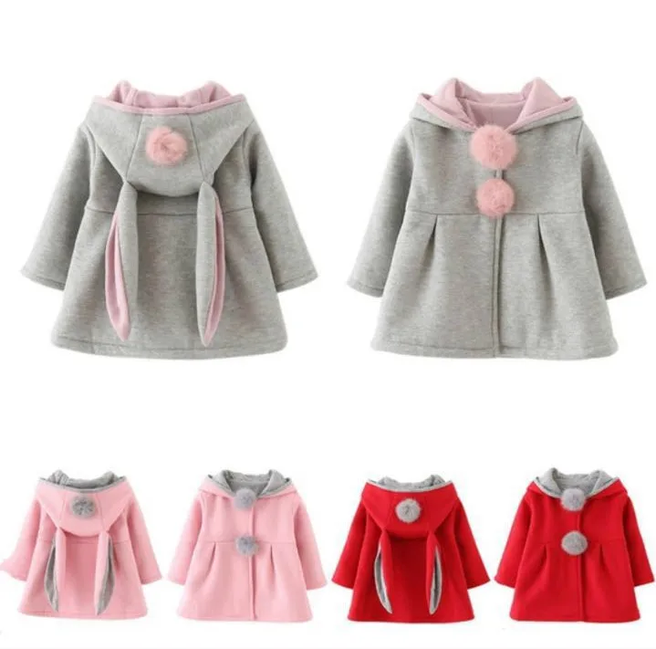 

Lovely Kids Coat Autumn Winter Long Sleeve Warm Outerwear Long Rabbit Eared Coats Girl 3 Years