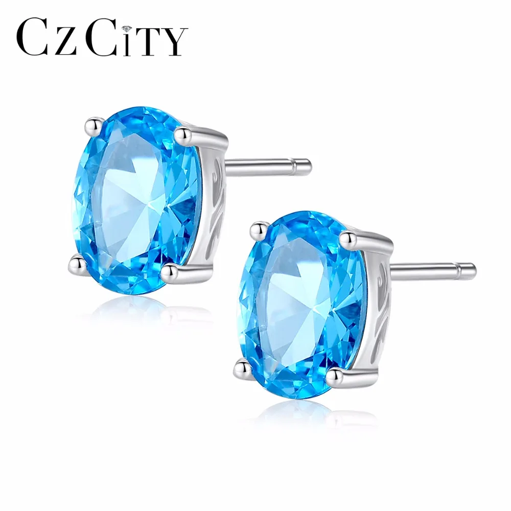 

CZCITY Natural Sky Blue Topaz Earrings Genuine 925 Sterling Silver Fine Jewelry 5*7mm Oval Stud Earring For Women