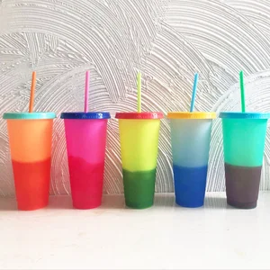 Image of 2019 COLOR CHANGING Cold Cup Collection Pack Of 5 With Lids Straws,Reusable temperature change color plastic tumbler Magic mug