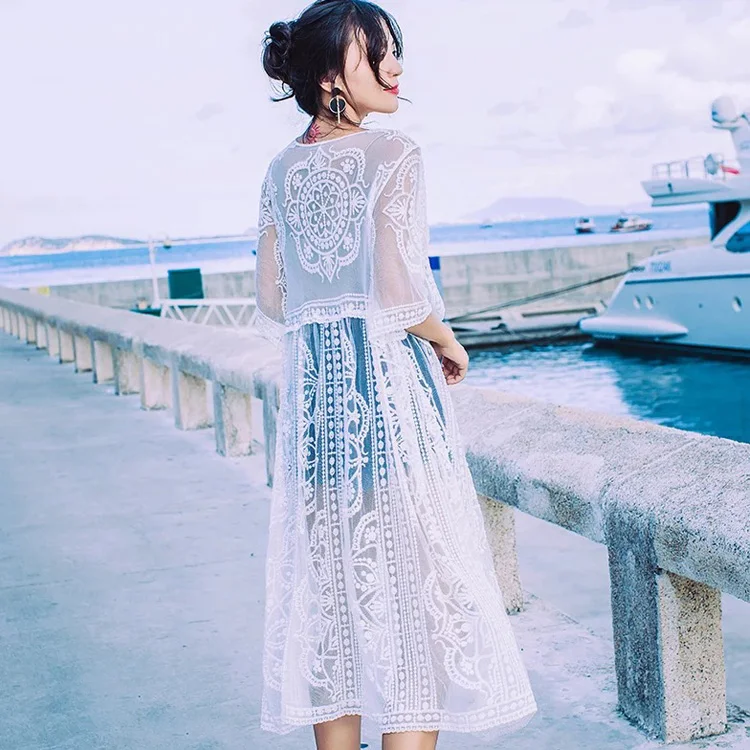 

2019 Embroidered Lace Kimono Manufacture Lace Tunic Beach Blouse Top Wholesale, N/a