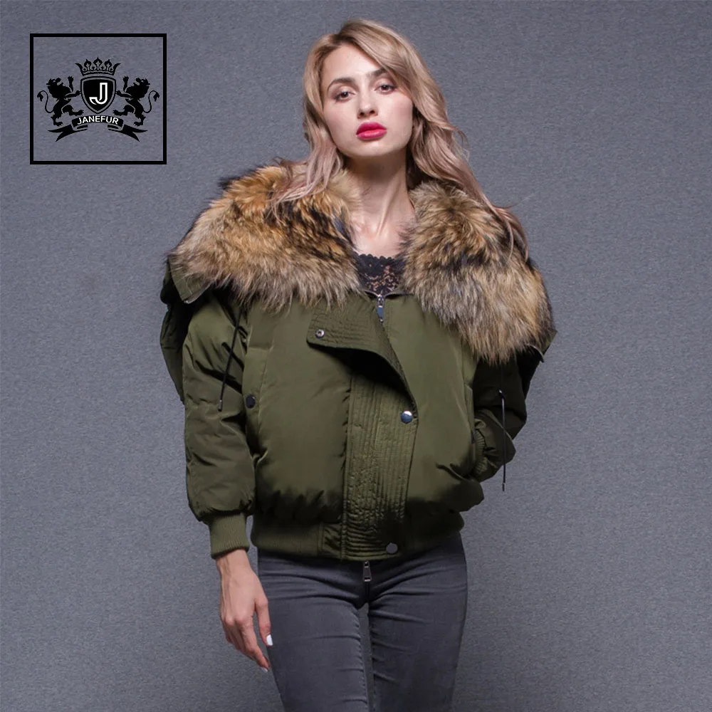 

winter bomber jacket best quality raccoon fur collar down jacket woman, Oem customized color