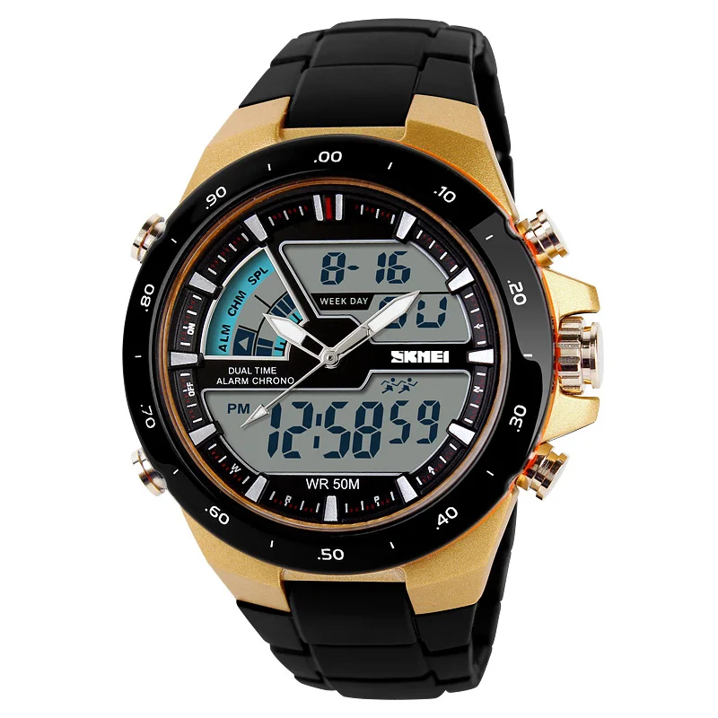 

SKMEI 1016 wholesale digital quartz stainless steel case back waterproof watch mens watches wristwatches, Golden;black;colored