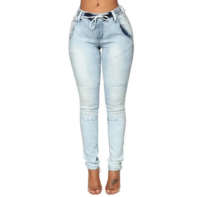 

Women Jeans Light Blue Wash Knee Patch Ladies Denim Jogger Pants v786072