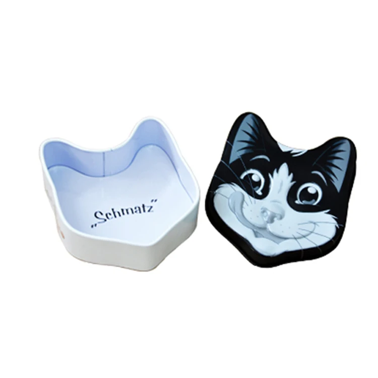 Wholesale lovely cat shape small pet food packaging tin box