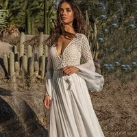 

European and American style lace deep V neck bohemian dress lady frock big trumpet sleeve women ladies white dresses long