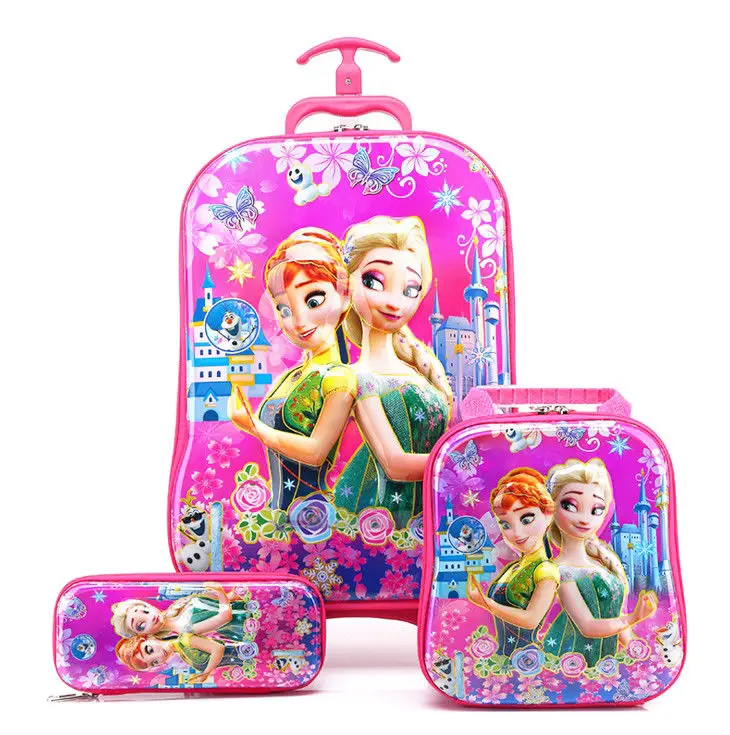 

3 in 1 cute children school wheeled girls trolley school bag set, School bags trolley set