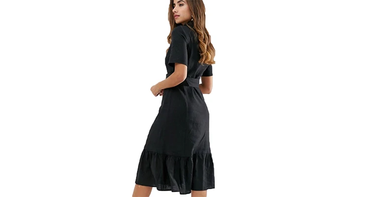 2019 Custom Wholesale Lady Pephem Belt Black Clothes Women Casual Linen Midi Dress