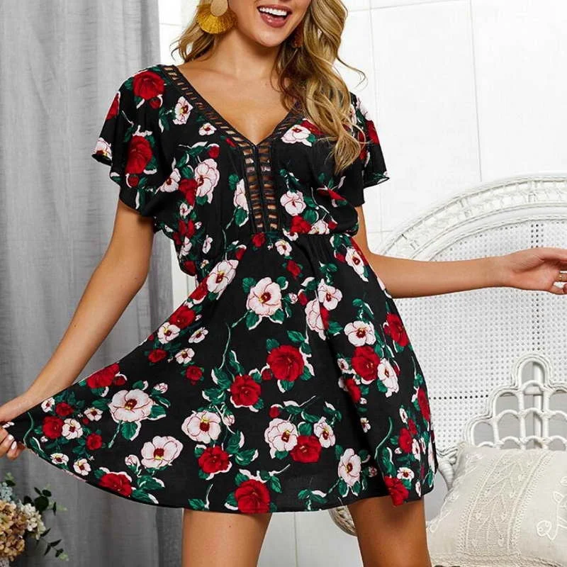 

Wholesale 2019 Short Sleeve Halter V Neck Summer Women Plus Size Dress Fashion Sexy Ladies Beach Skirts, As picture