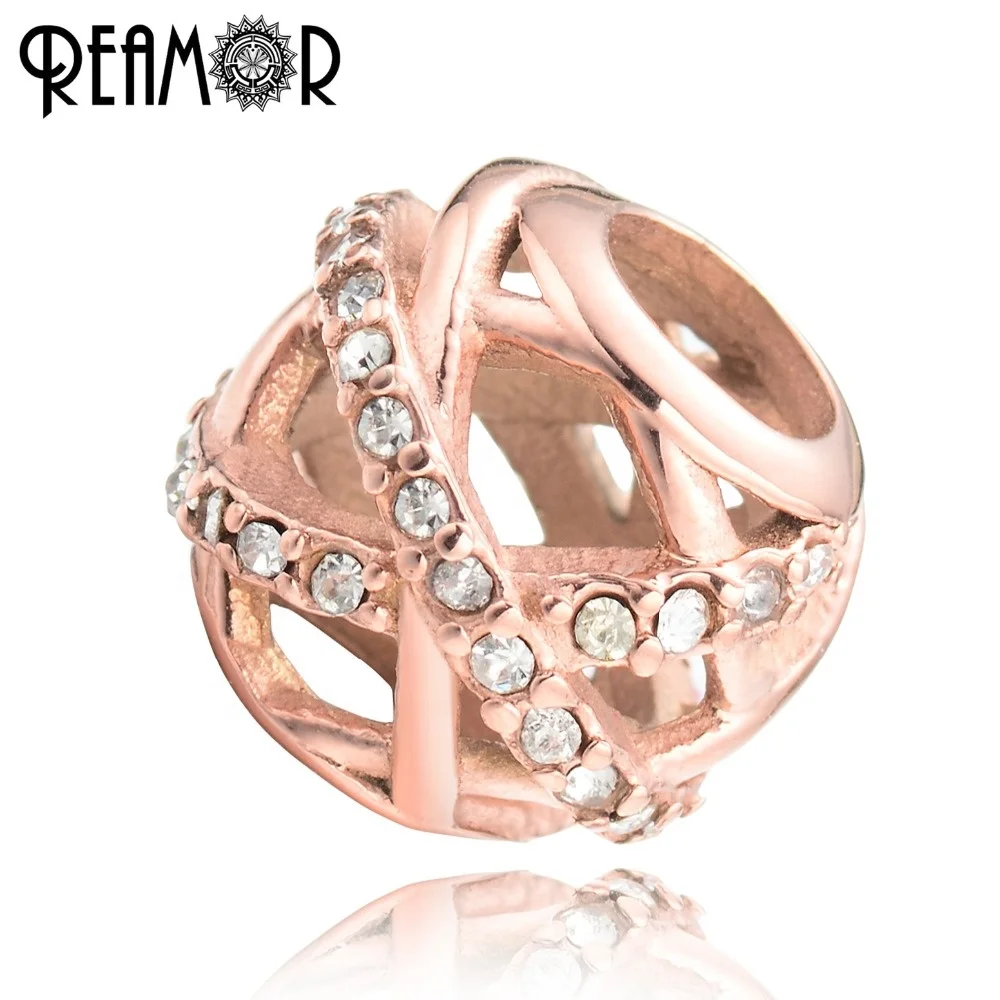 

REAMOR Luxury Rose Gold Hollow Round Beads Micro Pave Zirconia Charms Metal Beads For Women Bracelets DIY Jewelry Accessories