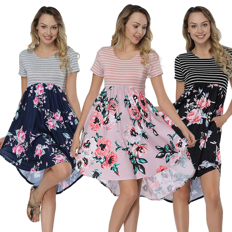 

Elegant Fashion 3 Color Striped Short Sleeve Floral Print Women Summer Dress, N/a