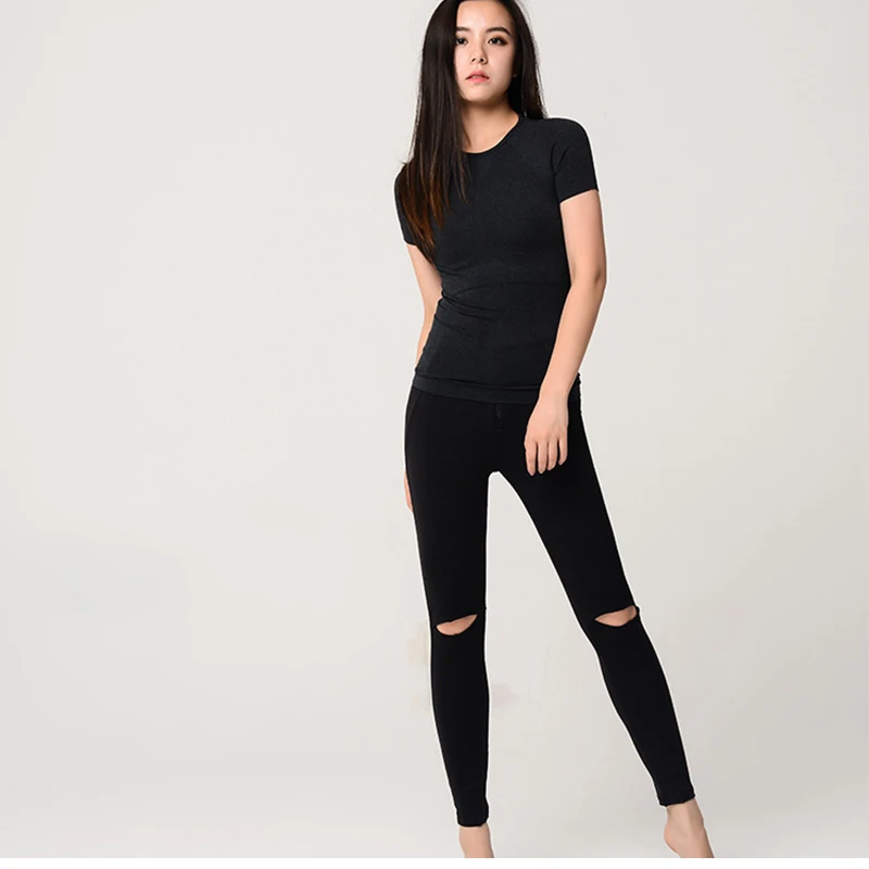 

Seamless Female Shirt Hollow Out Top Dry Fit Running Clothes Activewear For Women Active Wear Sporty Sports Shirts Ladies, Black;grey;purple;customized colors