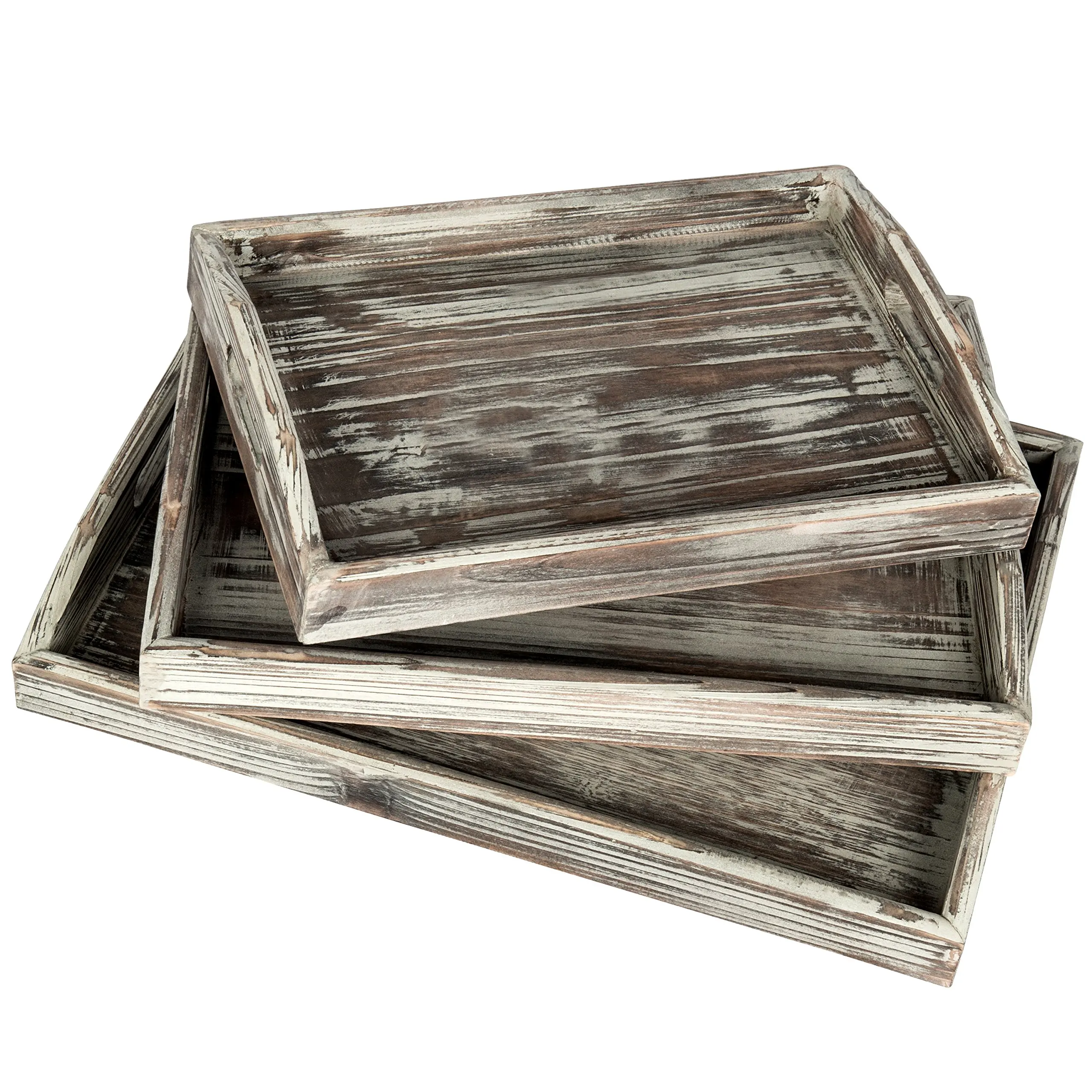 MyGift Set of 2 Country Rustic Brown Wood Finish Rectangular Nesting Serving Trays w//Metal Handles