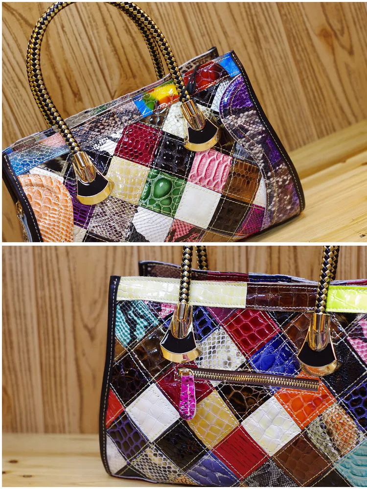 Color Clash 100% Genuine Leather Snake Ladies Handbag Tote Purse Shoulder Bag 