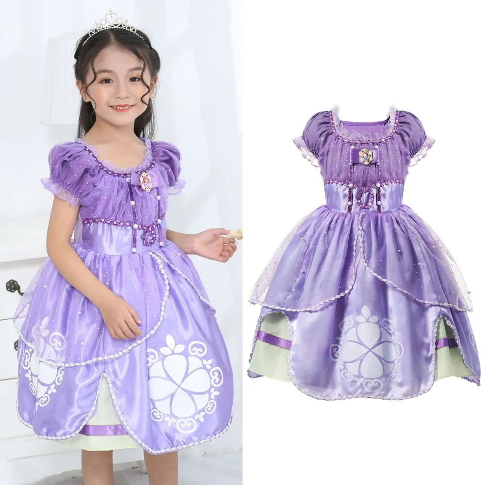 

Girl Dress Cute Princess Sofia Cosplay Costume Summer Dresses Good Quality Fancy Floral Halloween Party Tutu Children For Kids, Purple