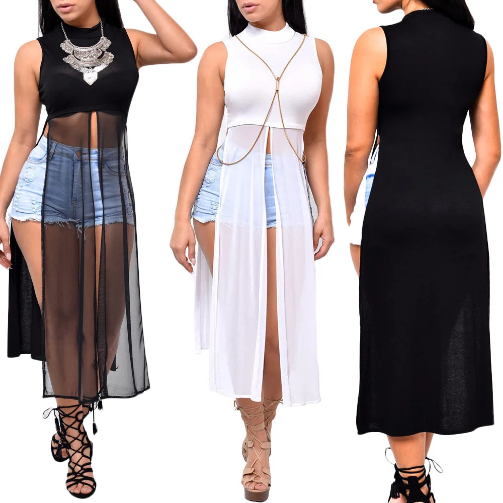 

Patchwork Round Neck Long Sheer Mesh Tunic Crop Top Plus Size Girl Dress S045, Black/white