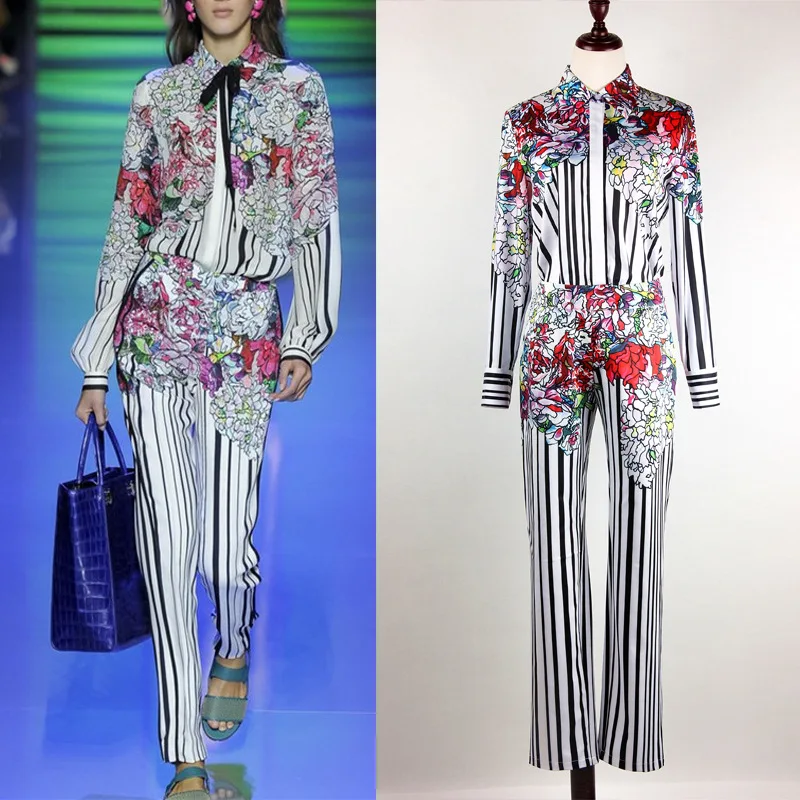 

F1619 new design long sleeve women suit elegant tripe flower printed 2 piece suit for women