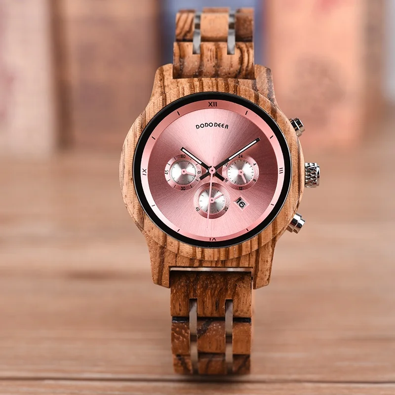 2019 DODO DEER Drop Shopping Auto Date Women Handmade Natural Wooden Watches OEM with Pink Dial