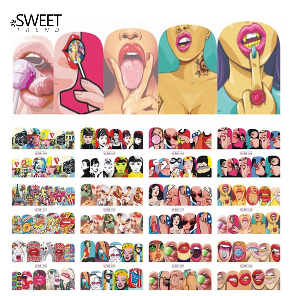 

12 sheets Sexy Nail Sets Fashion Sticker Full Cover Lips Cute Printing Water Transfer Tips Nail Art Decorations