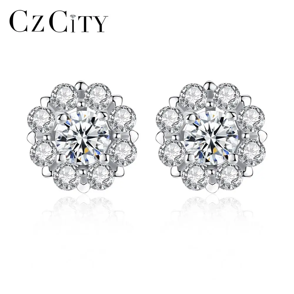 

CZCITY Cubic Zirconia Flower Earrings Stud 925 Silver Women Earing Jewelry Classic Style CZ Earring Studs