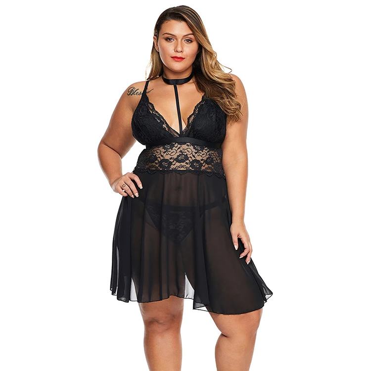 Hot Sale Fat Womens Black Plus Size Sleepwear Choker Babydoll Lingerie Set