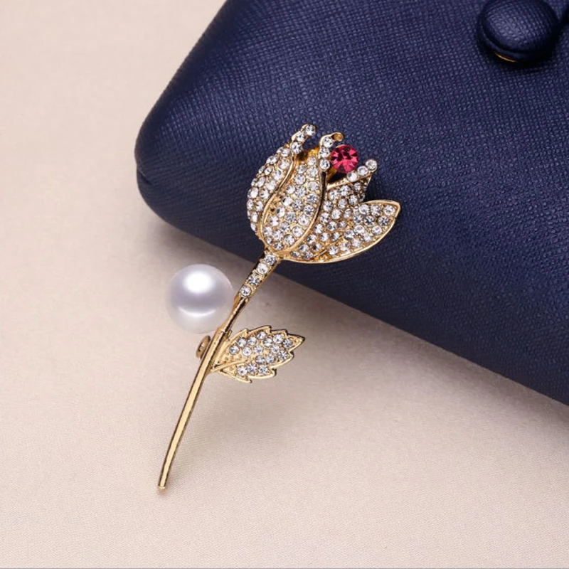 

Rose Stone Jewelry Elegant Rhinestone Crystal Wreath Flower Pearl Cheap Brooch, Gold