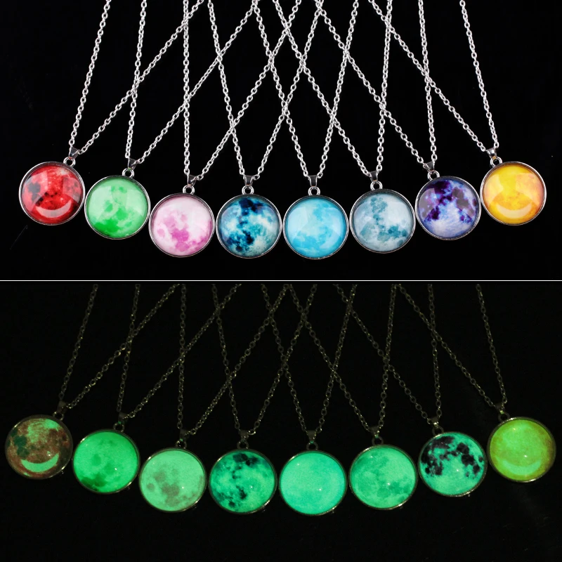

Best Selling Christmas Gift Glowing Pendant Necklace Glass Moon Necklace Earth Planet Glow in Dark Women Jewelry, As pictures show