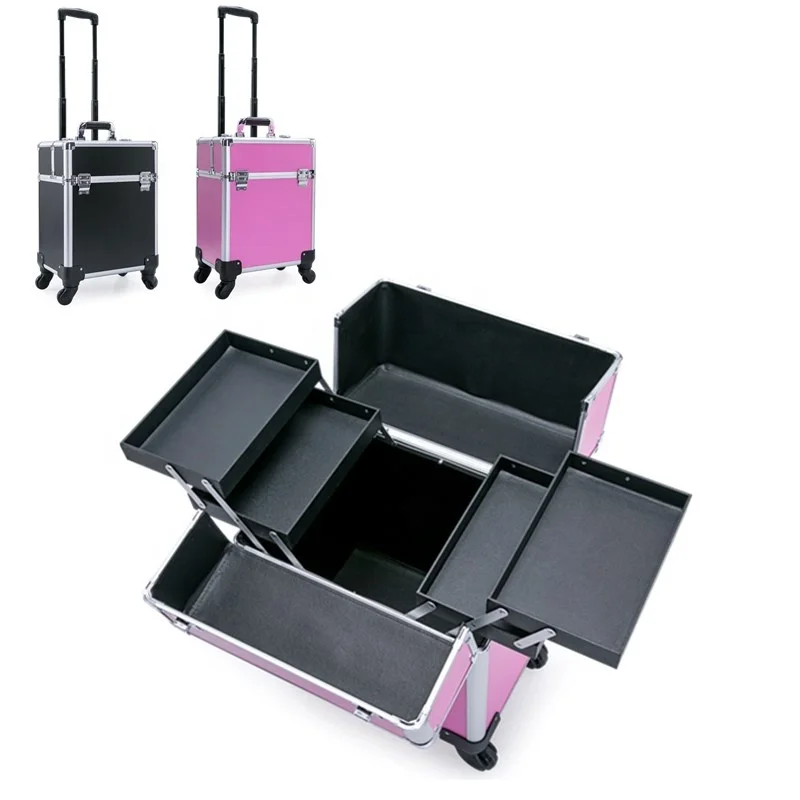 

hotsale waterproof hard aluminum nail rolling cosmetic box soho makeup case trolley, Black/pink