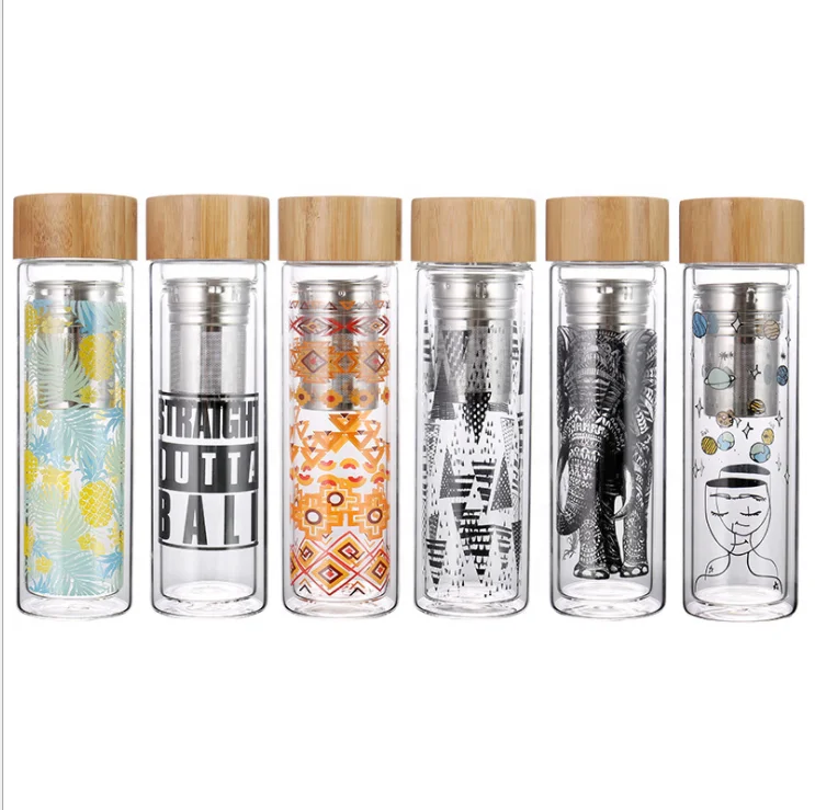 

customer stainless steel infuser bamboo lid double wall borosilicate glass water bottle, Transparent